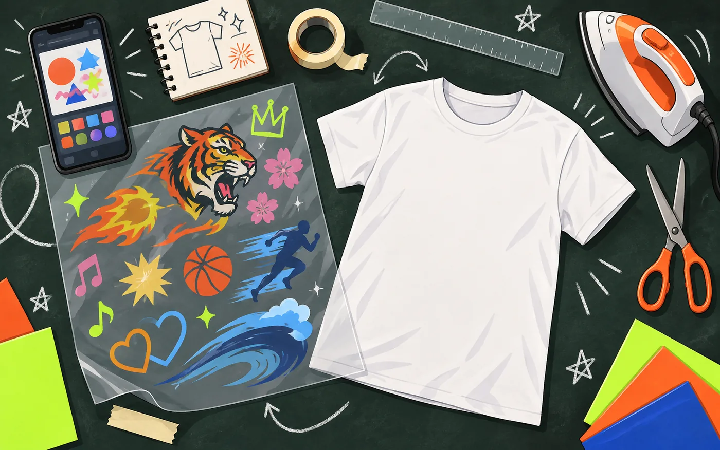 DTFシート・デザインアプリを映したスマホ・アイロン・はさみ・白Tシャツを黒板の上に広げたイラスト