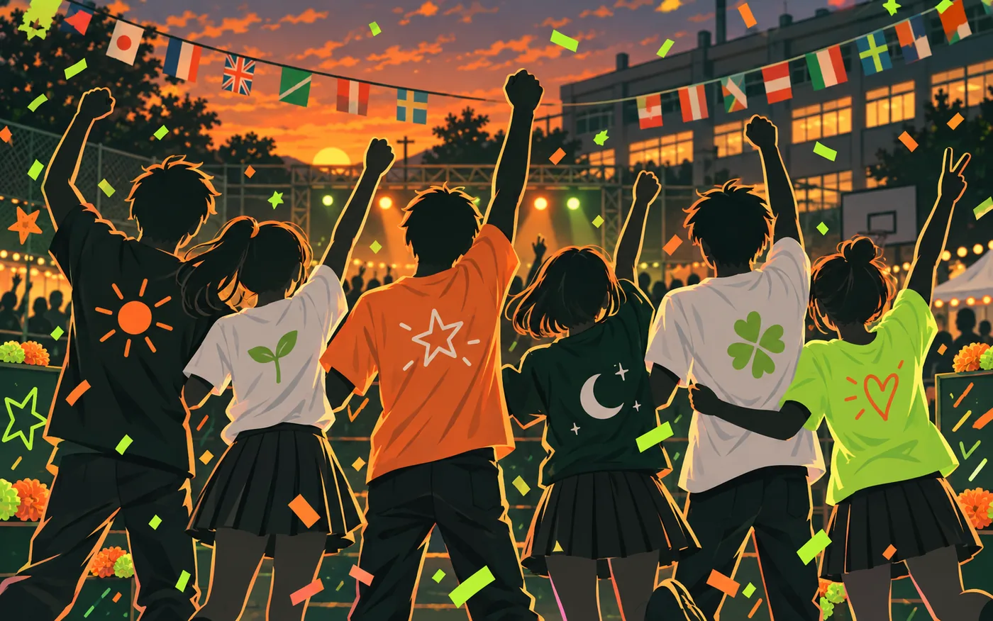 自分たちで作ったクラスTシャツを着て、文化祭の会場で盛り上がる学生たちのイラスト