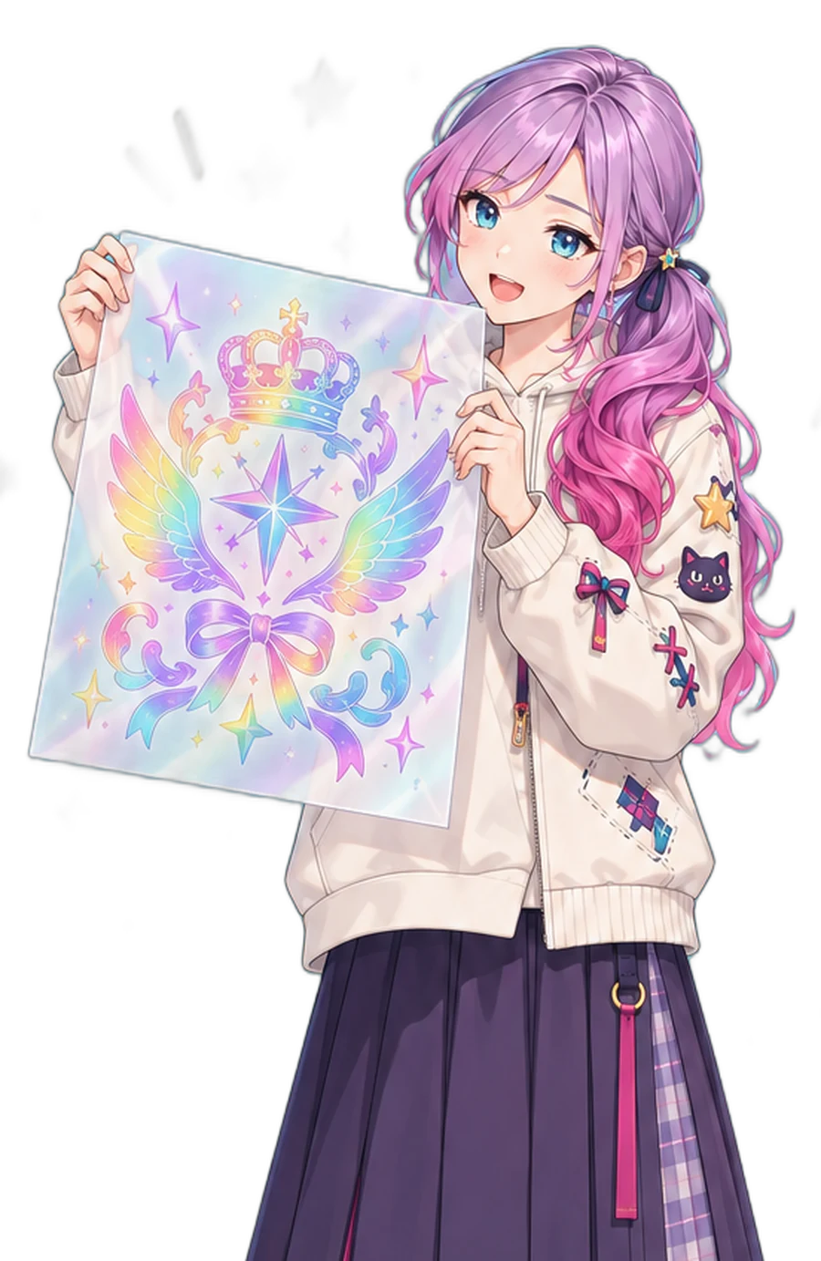 カラフルなオリジナル紋章が印刷されたDTFシートを掲げる女性