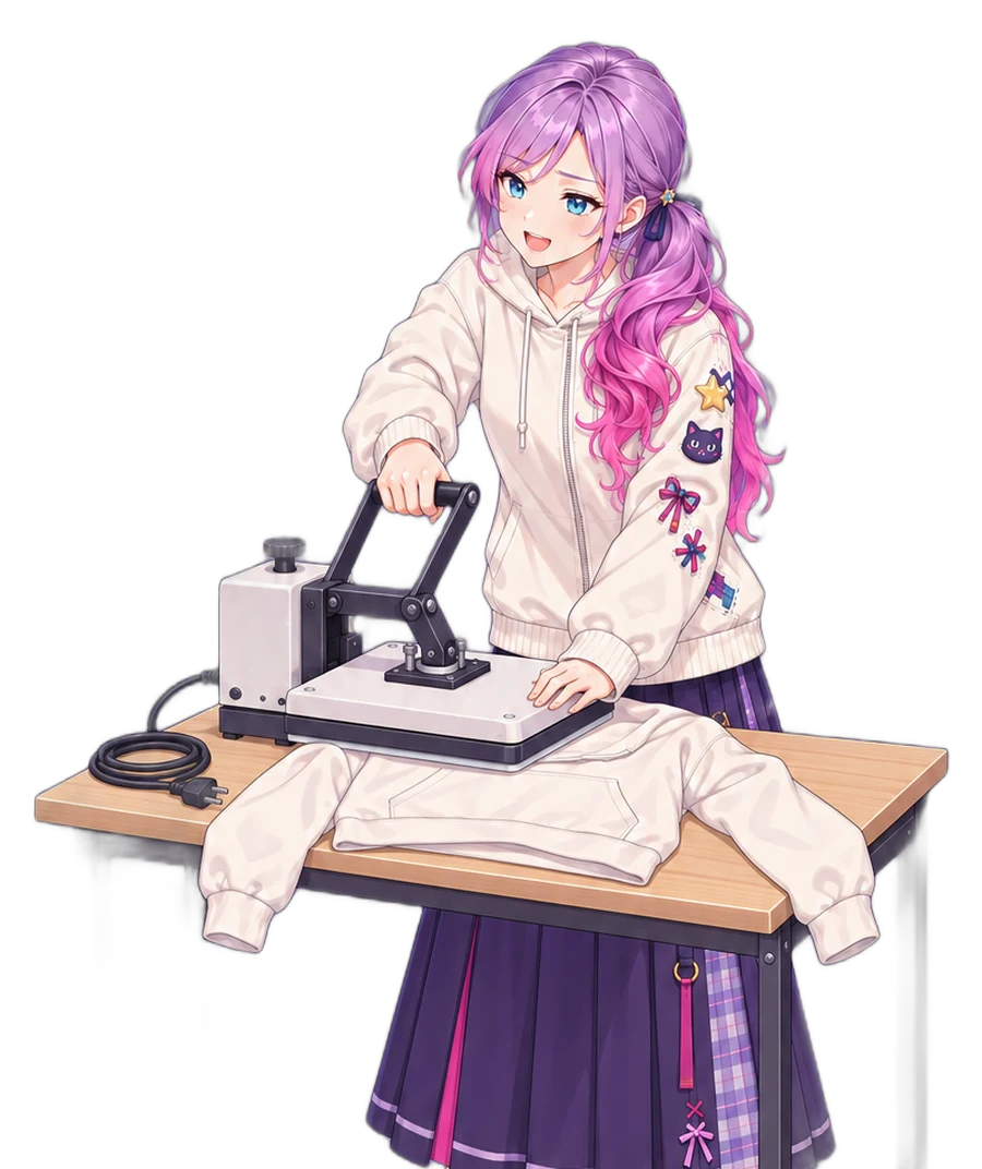 熱プレス機を使い、自分でフーディーへDTFシートを圧着する女性