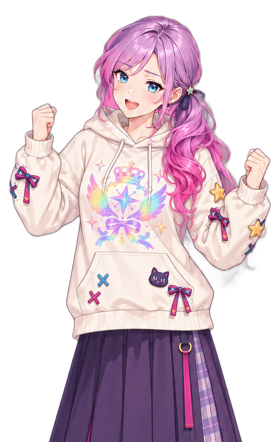 オリジナル紋章が付いた完成フーディーを着て喜ぶ女性